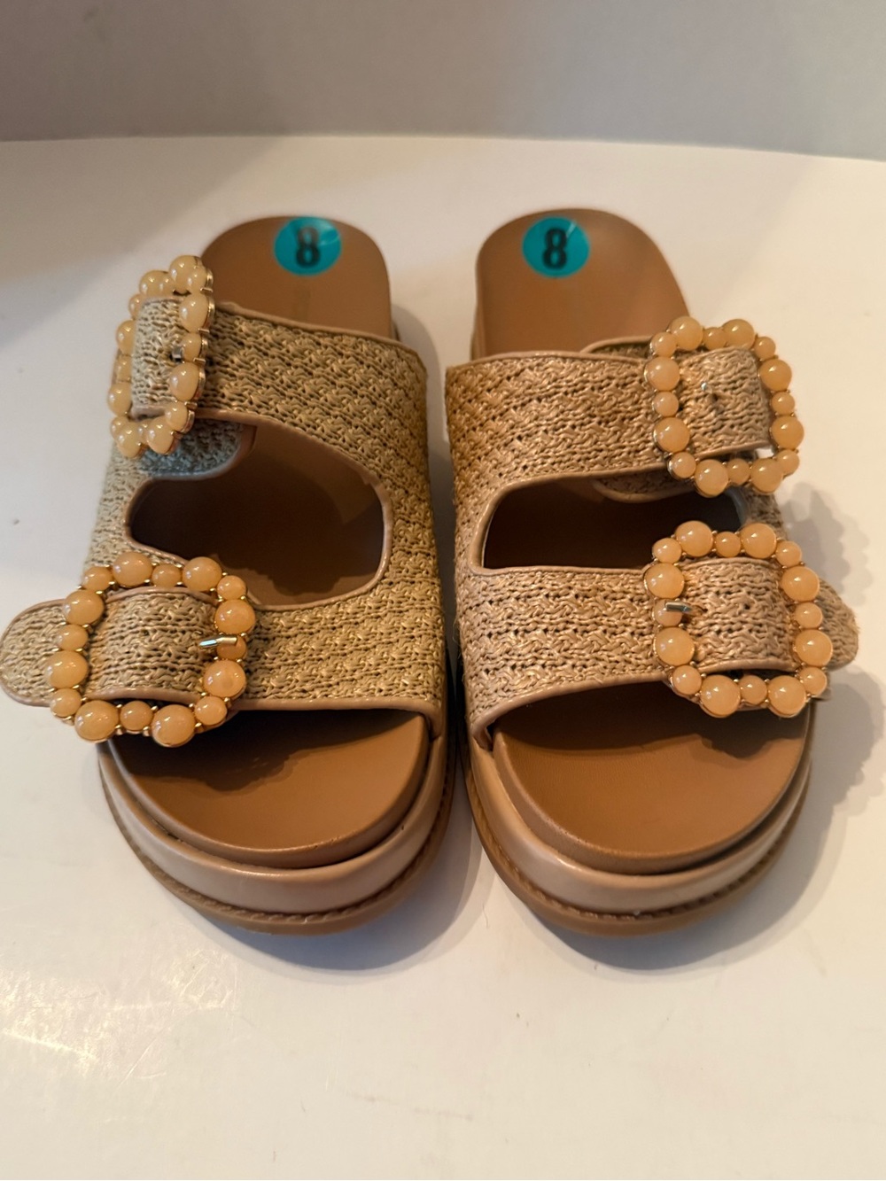 BCBGENERATION Woven Tan Slide Sandals with Beaded Buckles WOMEN’s 8